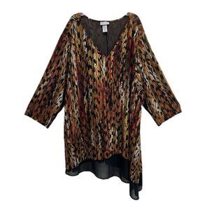 Catherines Womens Tunic Top Size 3X Animal Print Brown Black 3/4 Sleeves Stretch